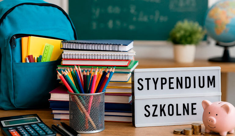 Stypendium szkolne w Grybowie – plecak, książki, przybory szkolne i skarbonka symbolizujące pomoc materialną dla uczniów.