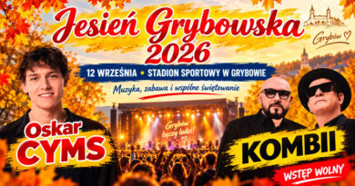 Grafika promująca Festiwal Jesień Grybowska 2026 w Grybowie – koncerty Oskara Cymsa i zespołu KOMBII, 12 września na Stadionie Sportowym, wstęp wolny.